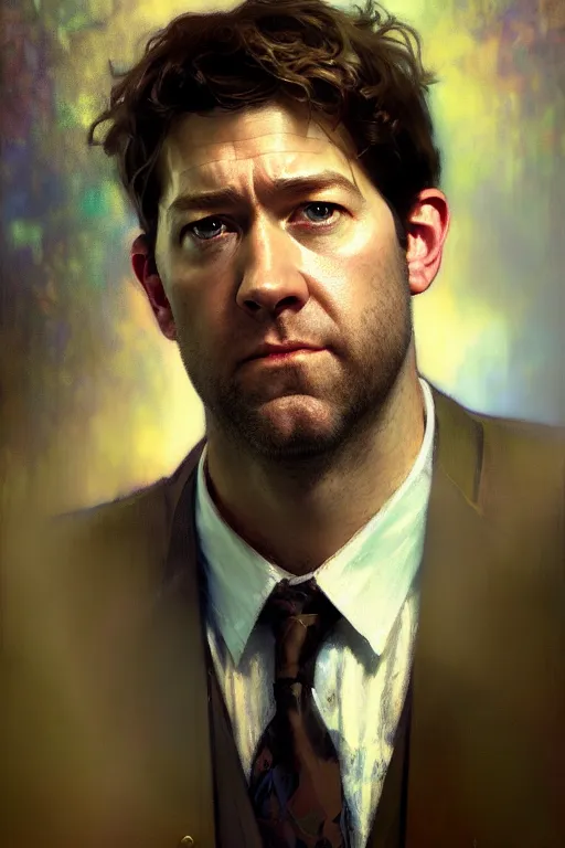 Image similar to hyperrealist portrait of jim halpert by jeremy mann and alphonse mucha, fantasy art, photo realistic, dynamic lighting, artstation, poster, volumetric lighting, very detailed faces, 4 k, award winning