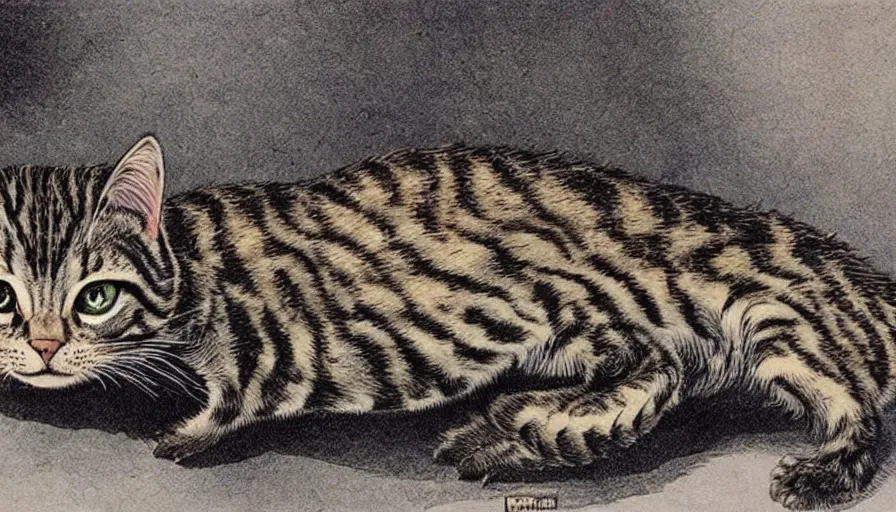 Prompt: bernie wrightson tabby cat morphed with alligator skin swimming pool veterinary diagram optical illusion