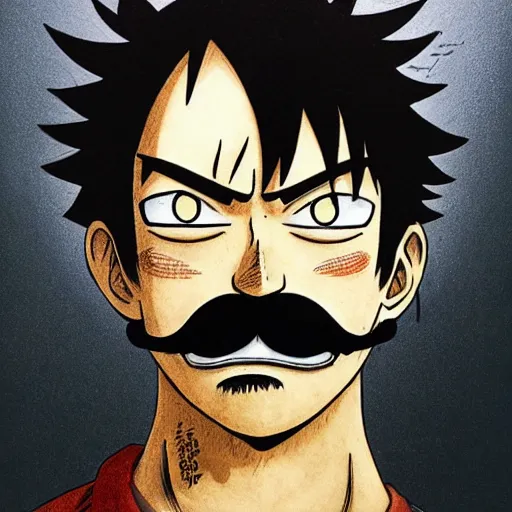 Image similar to [ luffy with mustache ] ( by kim jung gi ) ( by george morikawa ) ( by kentaro miura ) ( by eiichiro oda )