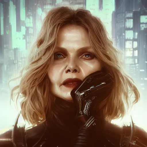 Prompt: michelle pfeiffer portrait, dystopia core, apocalyptic, armor, warrior, dramatic, sharp focus, fiction, neon, fantasy, hyper detailed, digital art, trending in artstation, cinematic lighting, studio quality, smooth render, unreal engine 5 rendered, octane rendered, art style and nixeu and wlop and krenz cushart