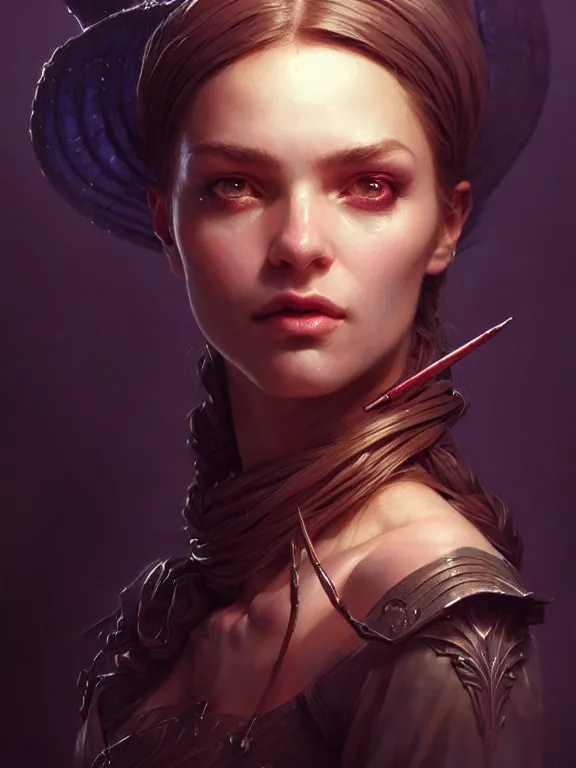 Prompt: a magical witch wearing a tactical suite, looking at the camera, beautiful and aesthetic, close up, cynical, dramatic pose, intricate, highly detailed, detailed face, smooth, sharp focus, environmental light, rim light, artgerm, artstation, art by greg rutkowski, ilya kuvshinov, rembrandt, fantasy illustration