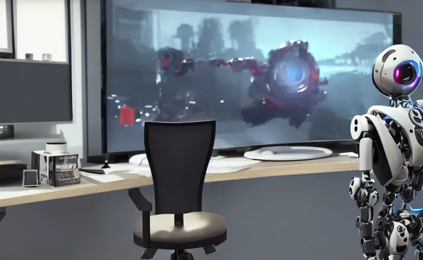 Image similar to a robot streaming on twitch while sitting on a chair and looking at his screen, unreal engine