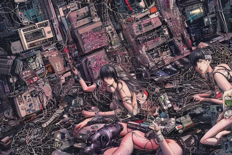 Image similar to a hyper-detailed cyberpunk illustration with a bunch of android females lying over an empty floor, with their broken bodies open and a mess of cables and wires coming out, by masamune shirow and katsuhiro otomo