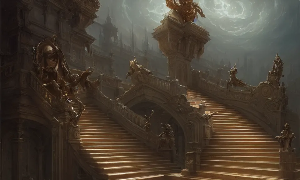 Image similar to straight staircase with ornate statues to heaven, art by greg rutkowski and peter mohrbacher, featured in artstation, octane render, cinematic, elegant, intricate, ultra detailed, rule of thirds, professional lighting, unreal engine, fantasy, concept art, sharp focus, illustration, 8 k