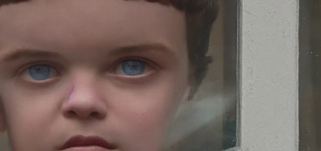 Prompt: stranger things cast Zoomed cropped closeup of unexpected voyeuristic eye contact with neighbor in window, Technicolor, telephoto lens, vintage photograph