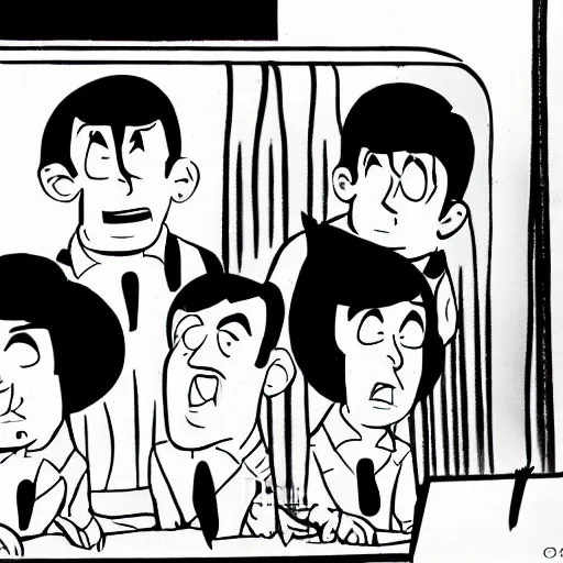 Image similar to cartoon by bob clampett about the beatles, vintage black and white film, 1 9 6 0 s