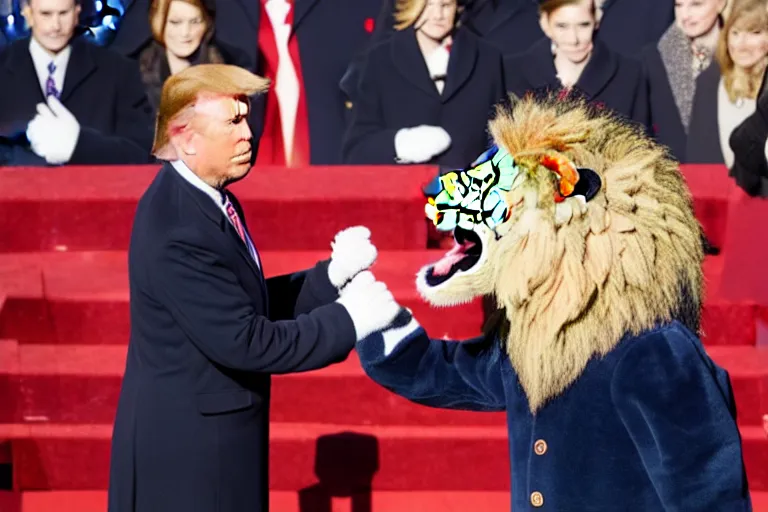 Image similar to photo of the usa presidential inauguration, a lion fursuiter being inaugurated as president