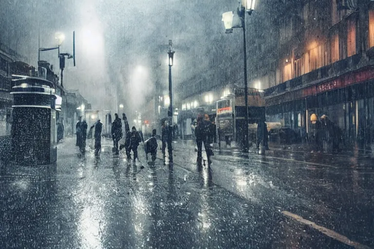Prompt: futuristic london street, raining, nighttime, dirty, grimy, lots of people, dystopian