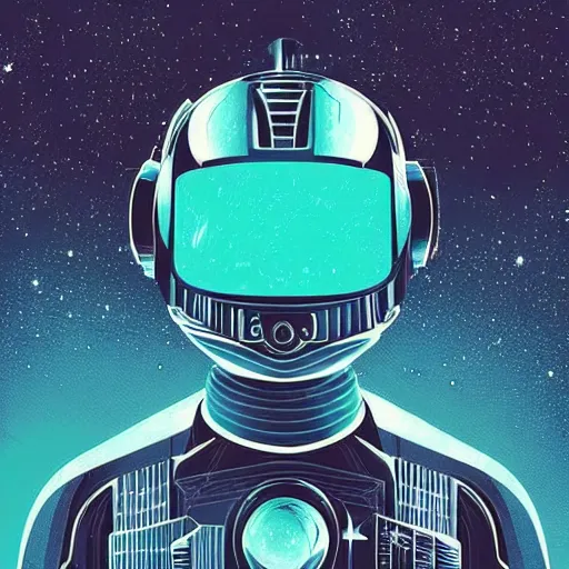 Prompt: “retro sci-fi poster 1950’s dead space astronaut in a futuristic city made of glass, reflection of a female shadow silhouette in the glass helmet, the astronaut is under stars and moon. It is art deco style, 1950’s, glowing highlights, teal palette. Horror, dramatic Simple shapes,”