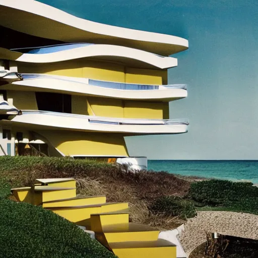 Prompt: architecture ad for a mid-century modern house by the beach designed by Zaha Hadid. From afar. Film grain, cinematic, colorized, yellow hue.