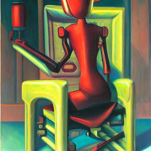 Image similar to evil cyborg mastermind on a throne, human subjugation, mind control, dystopian, pj crook, edward hopper, oil on canvas