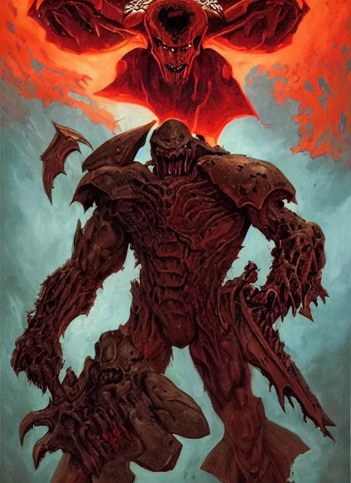 Image similar to ( doom ) box cover featuring hellknight by kenneth scott and idsoftware