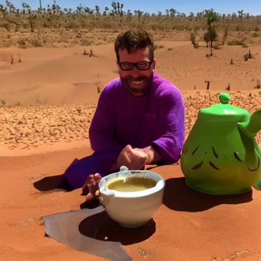 Image similar to Shrek drinking moroccan tea in the desert