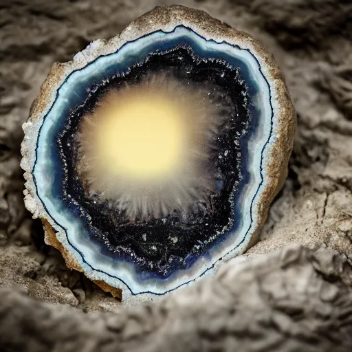 Image similar to photography of a geode with a a small body of an alien skellet inside it