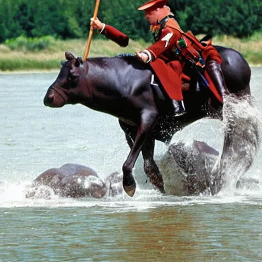 Image similar to a mountie!!!! riding on a hippo!!!!!!!