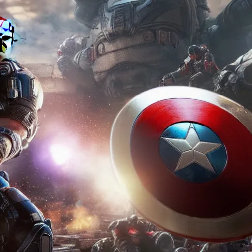 Prompt: donald trump as captain america in gears of war, splash art, maga, patriot, detailed face, movie still, cinematic lighting, dramatic, glowing, ray tracing, octane render, long lens, shallow depth of field, bokeh, anamorphic lens flare, 8 k, hyper detailed, 3 5 mm film grain