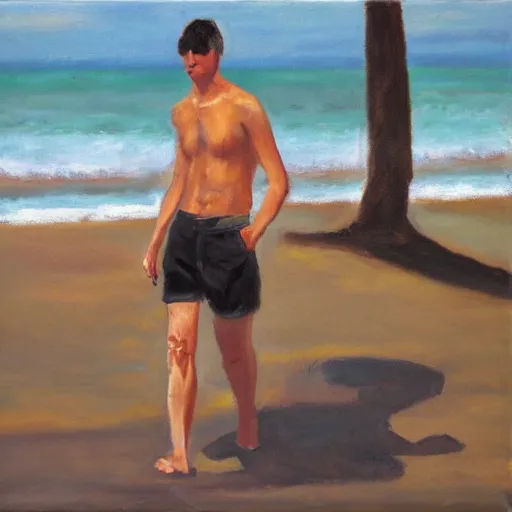 Prompt: a man walking in a sunny day in the beach with black shorts, oil painting