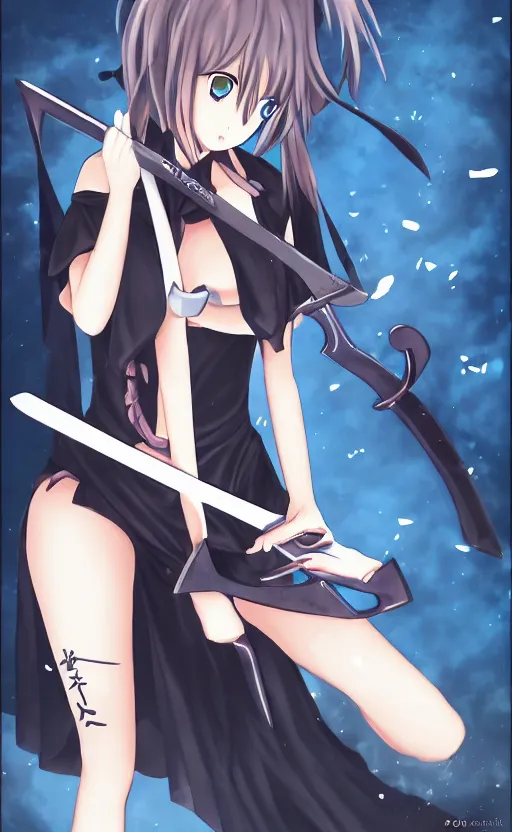 Prompt: a playful anime girl teasing you with her scythe, trending on pixiv, dark and eerie, highly detailed, sharp