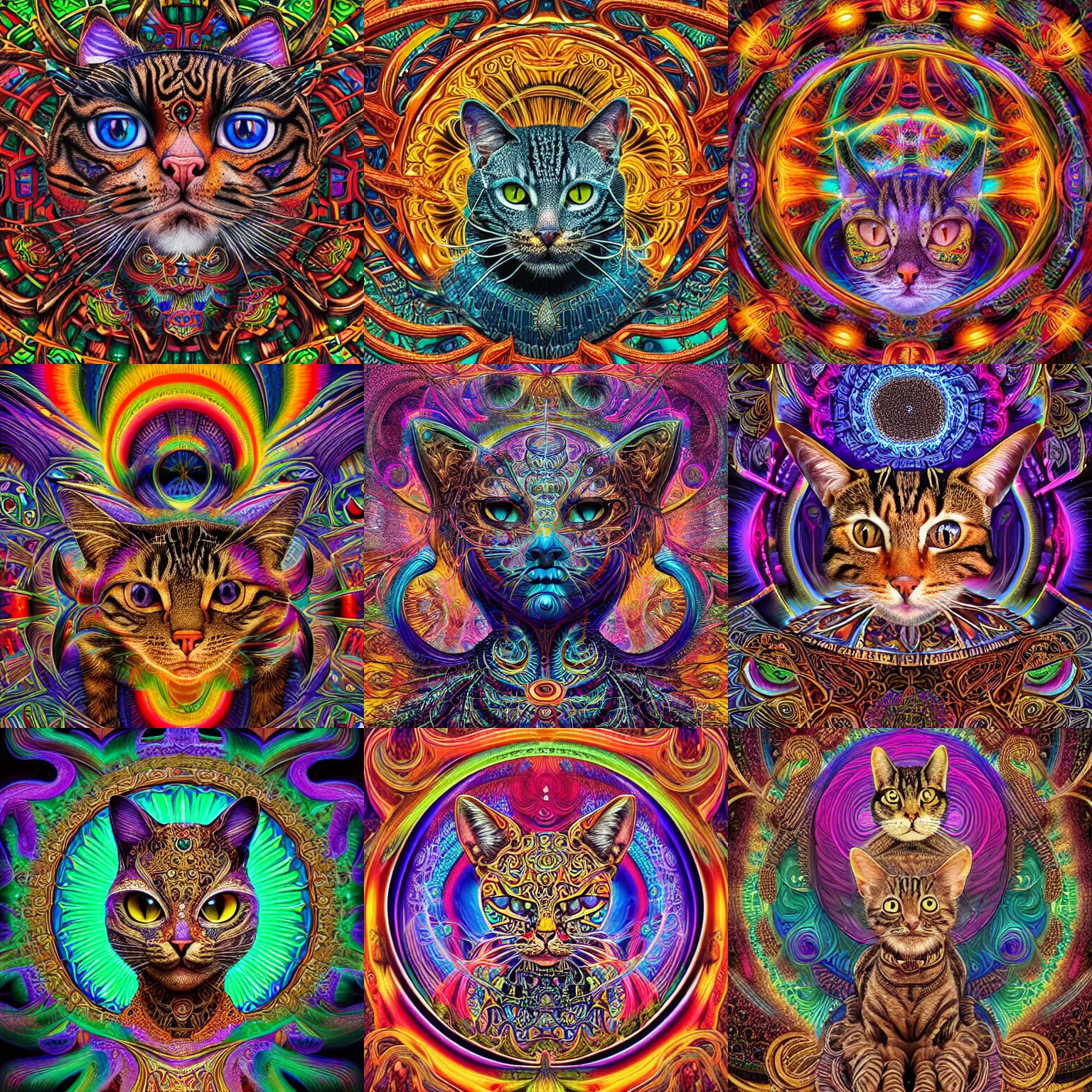 Prompt: a intricate ornate psychedelic image of a cat shaman, digital art by alex grey, artgerm, dan mumford, felix kelly, psychedelic art, psychedelic, fractalism, fractals, sacred geometry, trending on artstation, art, hyper realism, highly detailed, cgsociety, octane render, 3 d