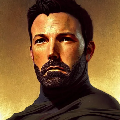 Image similar to Painting of Ben Affleck's Batman. Art by William Adolphe Bouguereau. During golden hour. Extremely detailed. Beautiful. 4K. Award-winning.