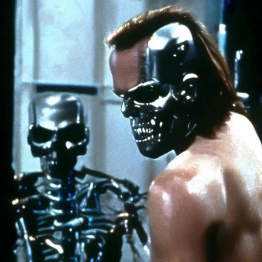 Image similar to Jack Nicholson plays Terminator, epic action scene where his endoskeleton gets exposed, still from the film, cinematic, 80s