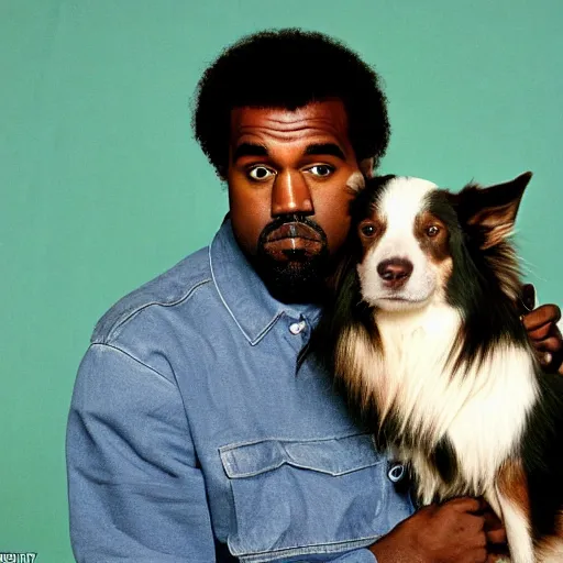 Image similar to Kanye West holding a Border Collie for a 1990s sitcom tv show, Studio Photograph, portrait C 12.0