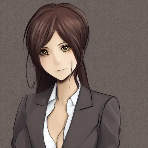 Image similar to woman in business suit, brown neat hair, animesque, pixiv, fanbox, trending on artstation, portrait, modern, sleek, highly detailed, formal, serious, determined, competent, colorized, smooth, charming, pretty, safe for work, law office