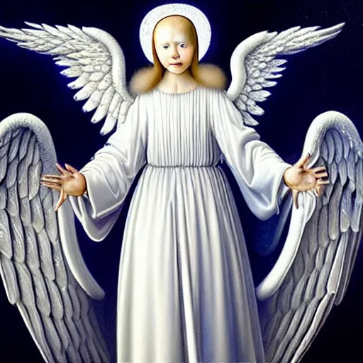 Image similar to highdetailed hyperrealistic painting of white angel!!! no gender smiling noface!!!, light instead of hands, white sparkles everywhere, 4 k hd face!!!, big silver high detailed wings!!!, renaissance, by jan van eyck, holography space, glow effect, large strokes, monochrome!!!!!