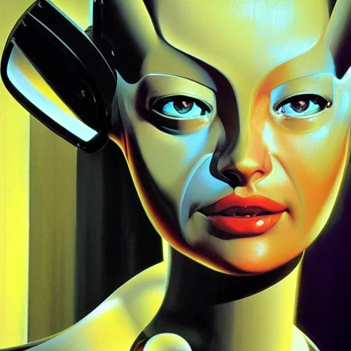 Prompt: female robot, facial portrait, by syd mead , airbrush, science fantasy