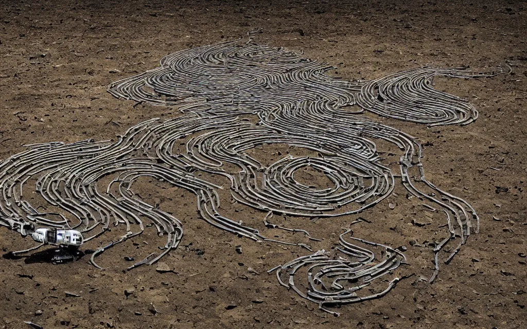 Prompt: robotic centipede travelling across a broken landscape