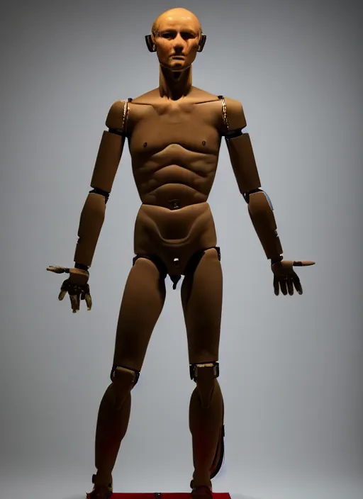 Image similar to a humanoid robot with an adult male human looking face is the statue david by michelangelo, polaroid, flash photography, photo taken in a completely dark storage room where you can see some empty boxes in the background,