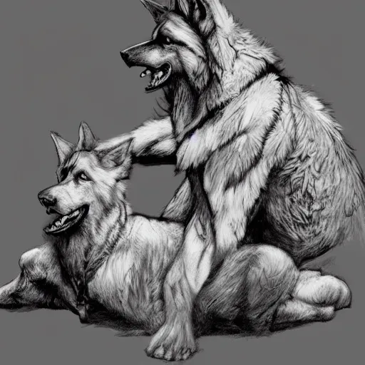 Image similar to two humanoid german shepherds beast - men, sitting on a couch and hugging together, artstation, concept art, smooth, sharp foccus ilustration, artstation