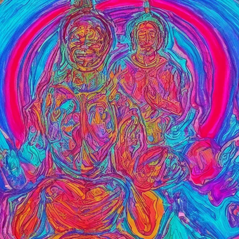 Image similar to human smiling meditating supreme peace immense knowledge infinite color dmt art red pink blue purple red black euphoria