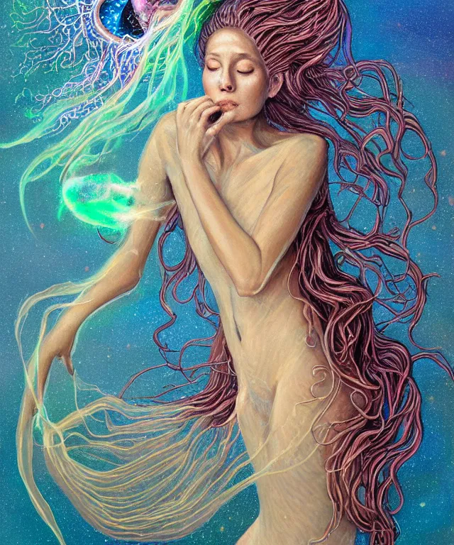 Image similar to portrait of a levitating floating in space goddess mermaid with (reaction diffusion) scaled fish skin Bioluminescent phoenix jellyfish, phoenix fire, chimera, energy rays, Her breath shot a haze of steam out into the frosty morning air concept, soft light, soft mood, realistic body features and face, illustration,intricate ornament halo, painting oil on canvas by Elena Zhurikhina and Goro Fujita and Charlie Bowater, octane render trending on artstation, 4k, 8k, HD