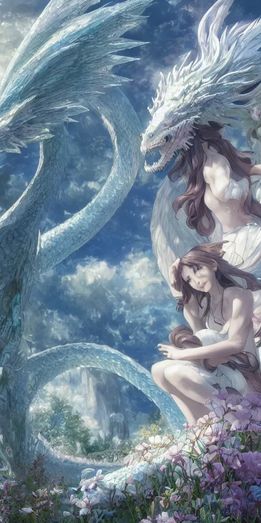 Image similar to the beautiful hyper detailed scene render that a lonely beautiful girl lies in the arms of a huge silver white dragon alone in fairyland surrounded by white clouds, finely detailed angelic face delicate features, style of studio ghibli, makoto shinkai, raphael lacoste, louis comfort tiffany, artgerm, james jean, ross tran, animation style, hd, ultra wide angle