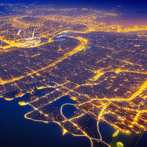 Image similar to beautiful japanese city at night time, bird eye, side view, sea, lake, moon, bloom, shiny light, realistic,