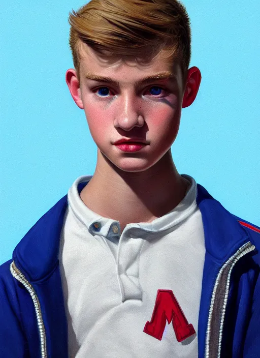 Image similar to portrait of a teenage boy named moose mason, blonde short hair, jock, beefy, square jaw, square facial structure, 1 9 5 0 s, blue varsity jacket, intricate, elegant, glowing lights, highly detailed, digital painting, artstation, concept art, smooth, sharp focus, illustration, art by wlop, mars ravelo and greg rutkowski