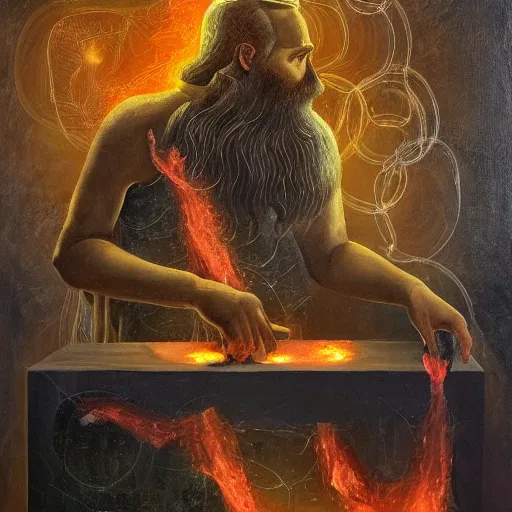 Image similar to God of forging and fire hephaistus creating the first artificial neural network in his volcanic smokey laboratory, hephaistos has a beard, hephaistos inventor of deep learning and machines, dark background, oil on canvas