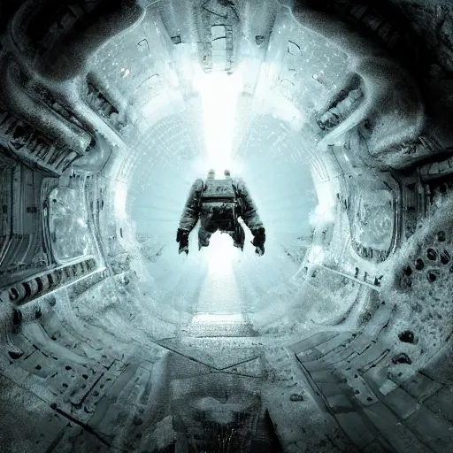 Image similar to concept art by craig mullins astronaut in futuristic dark and empty spaceship underwater. infrared complex and hyperdetailed technical suit. mandelbulb fractal. reflection and dispersion materials. rays and dispersion of light. volumetric light. 5 0 mm, f / 3 2. noise film photo. flash photography. unreal engine 4, octane render. interstellar movie art