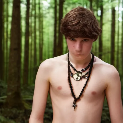 Prompt: a teenage boy, around 1 9 yo. necklace. natural brown hair. loincloth, pale skin, looking around. detailed face. ominous and eerie looking forest in background. natural colors. realistic photo. 8 k