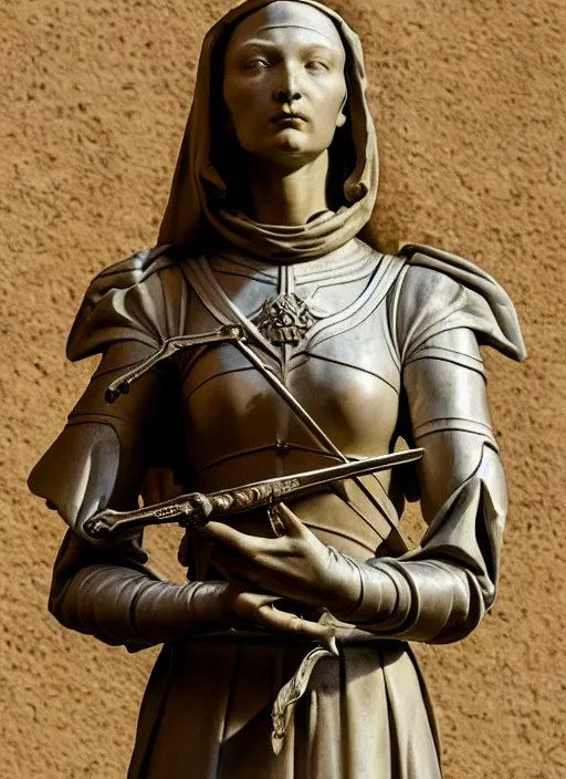 Image similar to a medieval female soldier, elegant, filigree renaissance sculpture from marble, brilliant symmetry, created by verrocchio andrea, leonardo da vinci, sandro botticelli, raffaelle monti, epic 7 0 mm lens shot, artstation trending, photorealism, sharp focus, smooth, establishing shot, sense of awe