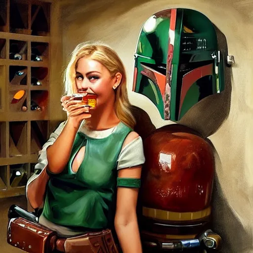 Prompt: (((((Boba Fett))))) and a beautiful young blonde drinking beer in a wine cellar, food, meat, schnapps, torches on the wall, romantic, inviting, cozy, painting by Vladimir Volegov