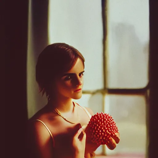 Image similar to Photograph of Emma Watson holding a plumbus by the window. Golden hour, dramatic lighting. Medium shot. CineStill