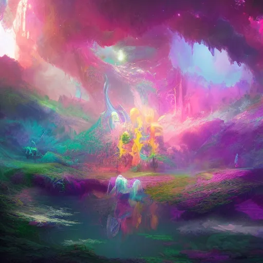 Prompt: a psychedelic realm where astral beings share love greg rutkowski wlop lisa frank bob ross ruan jia illustration