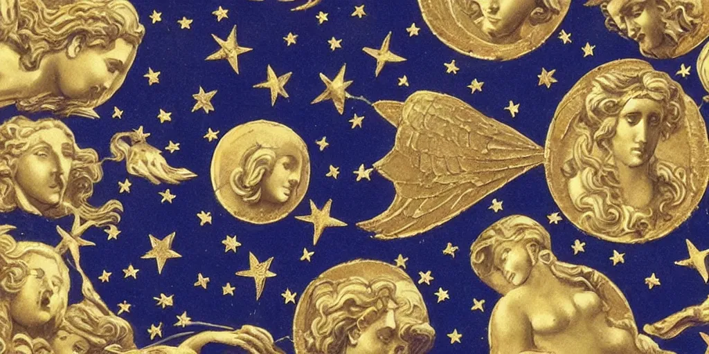 Prompt: saint Woman Venus Athena beautiful gracious baroque marble and gold in space sistina stars clouds winged