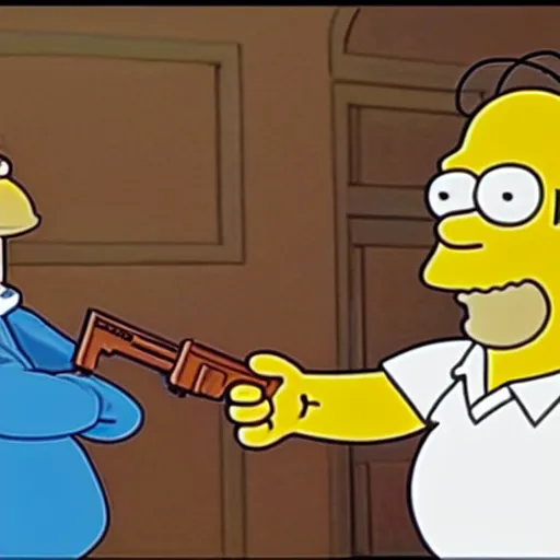 Image similar to homer simpson holding peter griffin at gunpoint