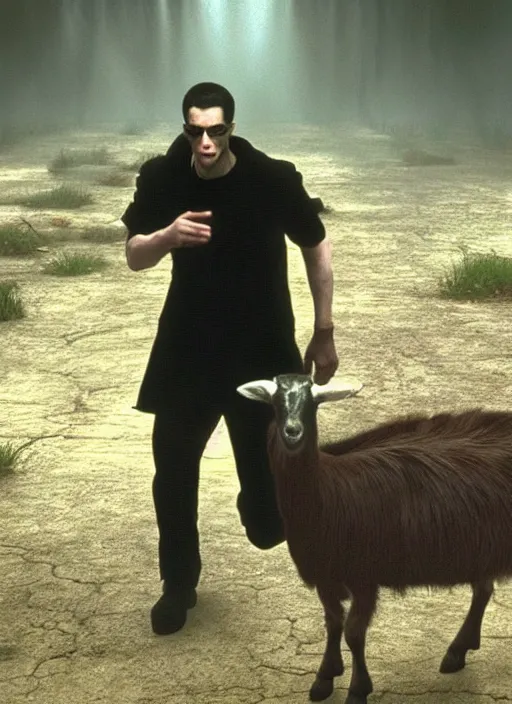 Image similar to film still of a goat as neo in the matrix, gameplay, 8 k, hd
