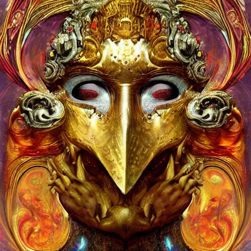 Prompt: Divine Chaos Engine, as a Venetian Carnivale Mask, by Karol Bak, Jean Deville, Gustav Klimt, and Vincent Van Gogh, celestial, visionary, sacred, fractal structures, ornate realistic gilded medieval icon, spirals