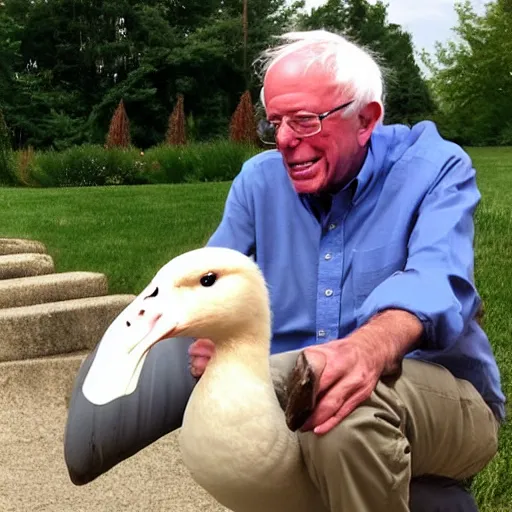 Image similar to Bernie Sanders holding a Goose