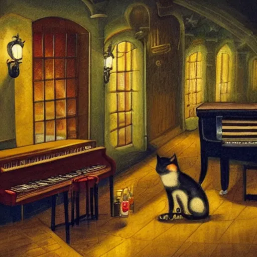 Prompt: a cat playing piano in a bar, at night